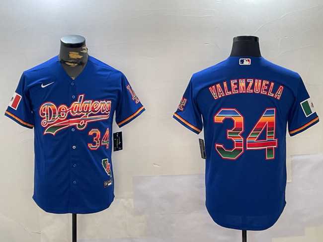 Men%27s Los Angeles Dodgers #34 Fernando Valenzuela Royal Mexico California Patch Cool Base Stitched Baseball Jersey->los angeles dodgers->MLB Jersey